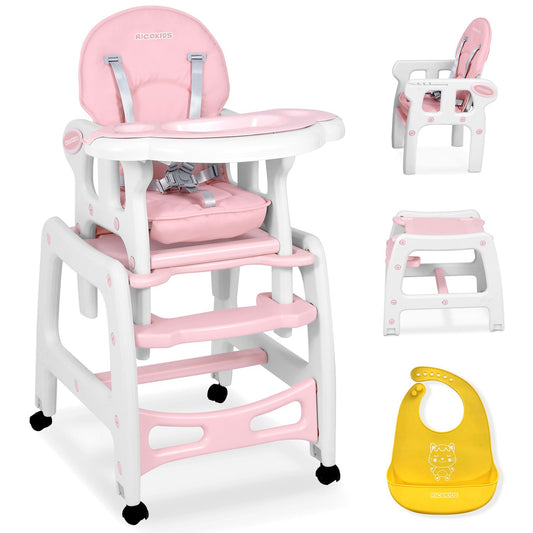 Rožinė 5-in-1 maitinimo kėdutė Ricokids Sinco su staliuku kūdikiams nuo 6 iki 36 mėnesių