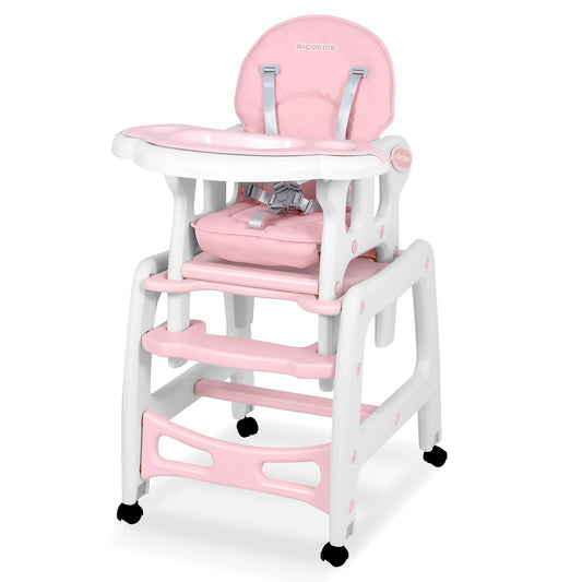 Rožinė 5-in-1 maitinimo kėdutė Ricokids su staliuku kūdikiams nuo 6 mėnesių