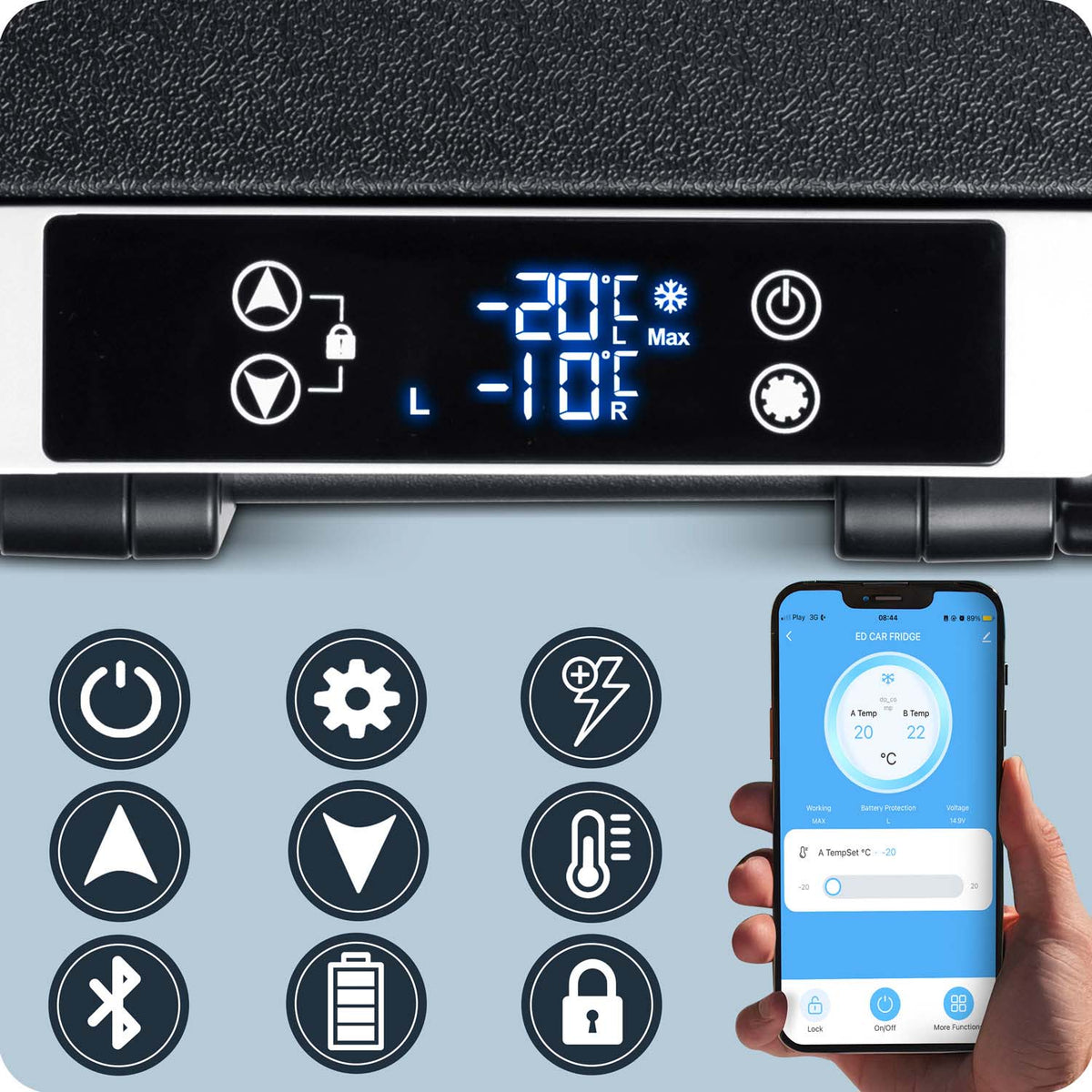 Icemax 400 40 litrų kompresorinis kelioninis šaldytuvas su dviem temperatūros zonomis juodai pilkas