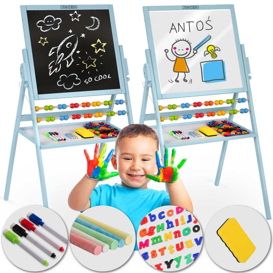 Ricokids mėlyna magnetinė ir kreidinė dvipusė sukamasis lenta vaikams su priedais mokymuisi ir piešimui