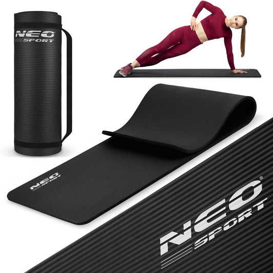 Juodas storas treniruočių kilimėlis Neo-Sport 183x60 cm NBR medžiaga jogai fitnessui pilatesui