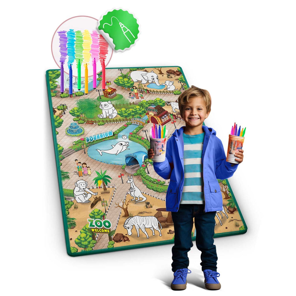 Didelis ritininis vaikiškas spalvinimo kilimėlis Ricokids 120x90 cm su flomasteriais dovanų EVA putplastis lavinamasis žaidimų kilimas vaikams