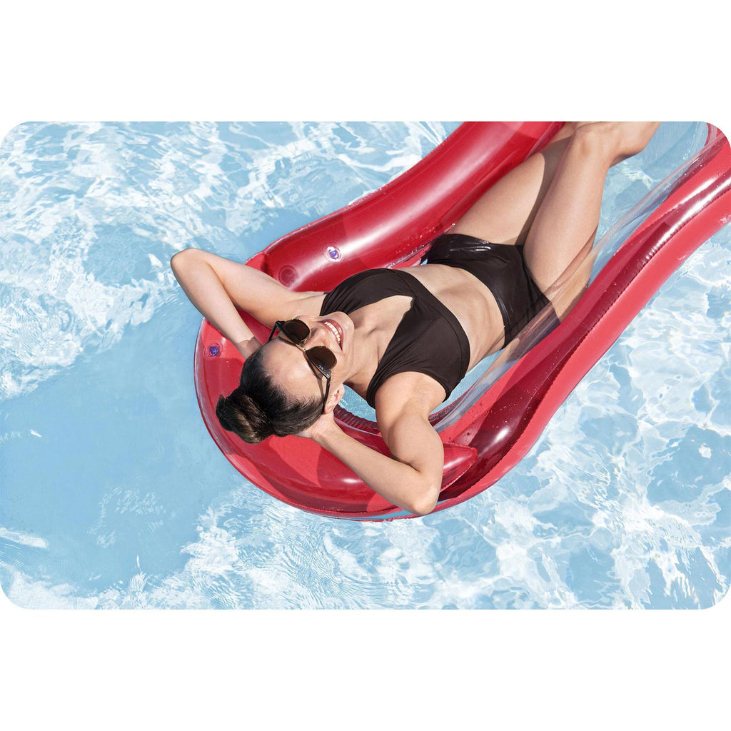 Bestway raudonas pripučiamas plaukimo čiužinys su atlošu 160x84 cm poilsiui prie baseino ar ežero