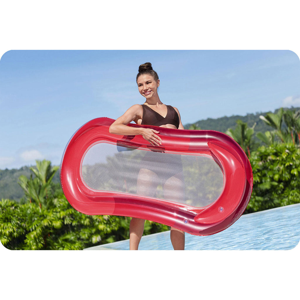 Raudonas pripučiamas Bestway plaukimo čiužinys su atlošu 160x84 cm poilsiui prie baseino ar ežero
