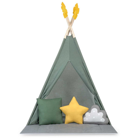Šviesiai pilka vaikų tipi palapinė Nukido su kilimėliu ir pagalvėlėmis 116x116x165 cm vaikų kambariui ir žaidimams namuose ar lauke