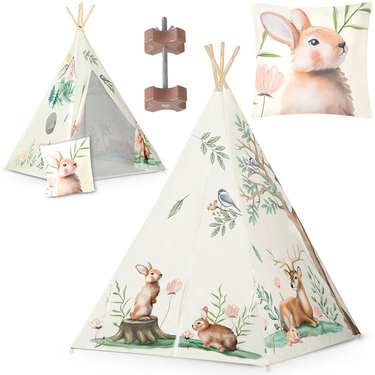 Vaikiška smėlio spalvos tipi palapinė Nukido 114x114x165 cm su triušio pagalvėle interjerui ir žaidimams