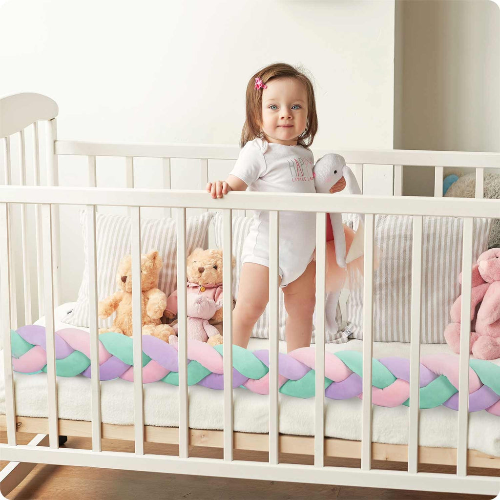 Daugiafunkcė mėtų rožinės ir violetinės spalvos vaikiškos lovytės apsauga 3 m ilgio antialerginė apsauga kūdikiui nuo smūgių ir skersvėjų