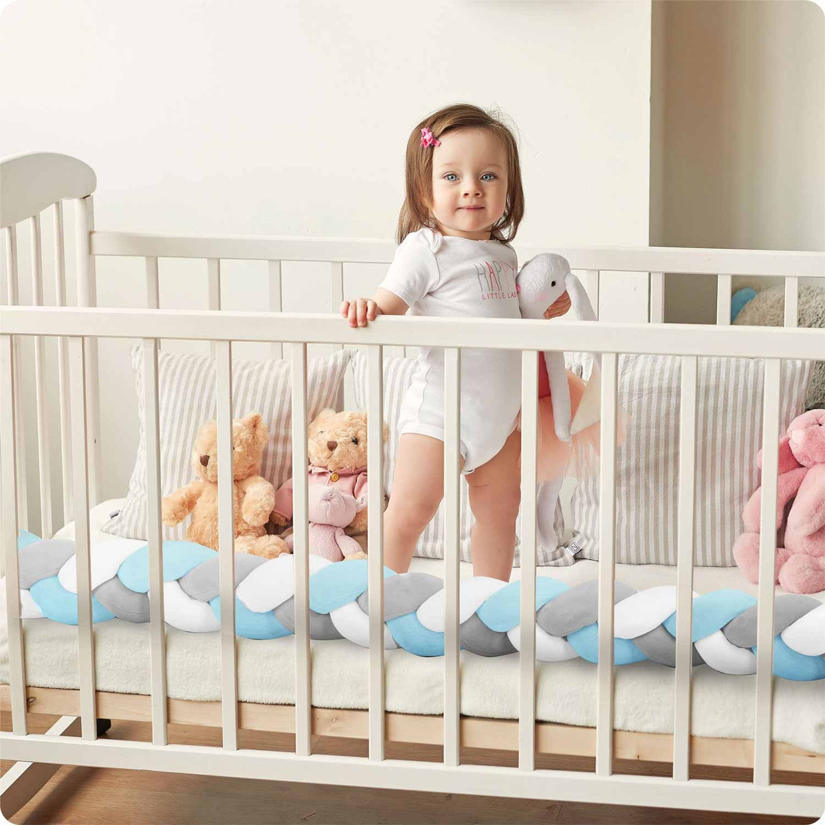 Mėlynai pilkas Ricokids 3 m ilgio vaikiškos lovytės apsaugėlė naujagimiui