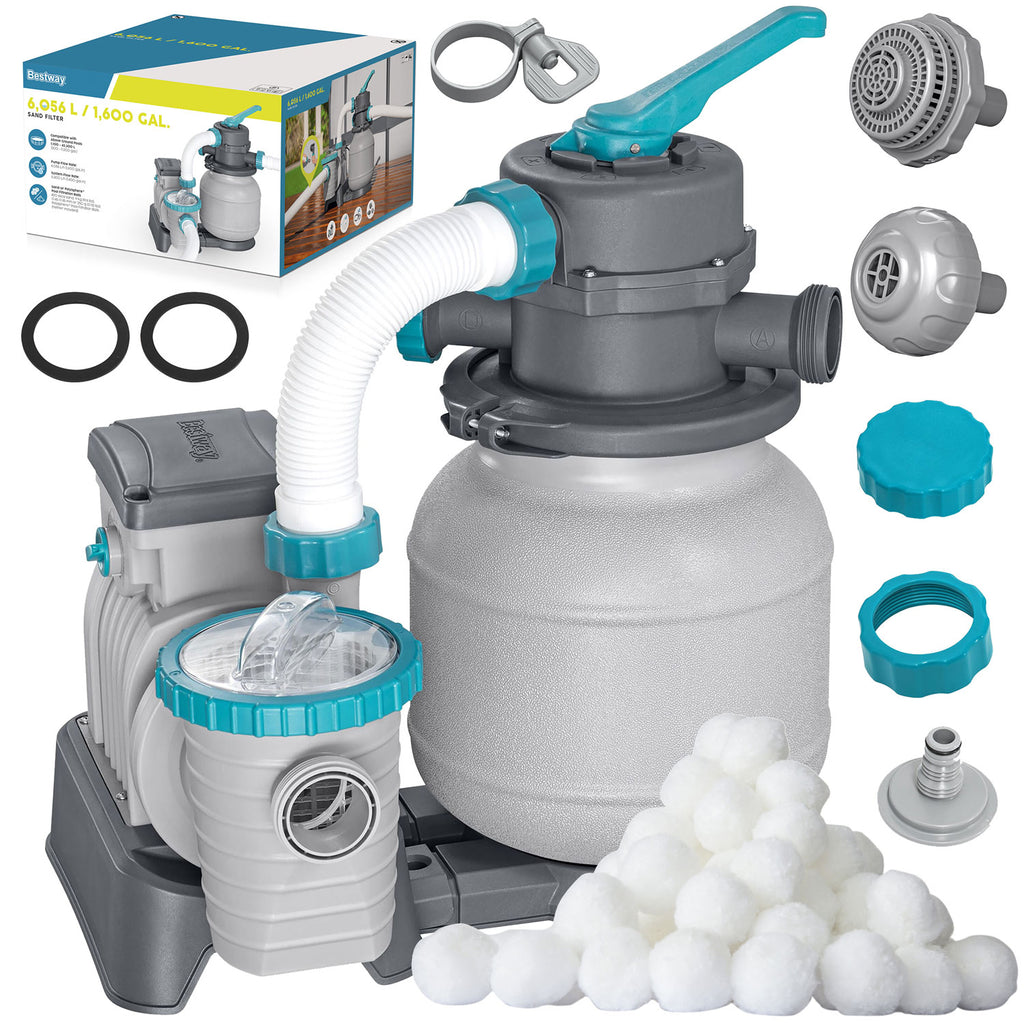 Baseino smėlio filtravimo siurblys Bestway 6056 l/h su filtravimo rutuliais vidutinio ir didelio dydžio baseinams