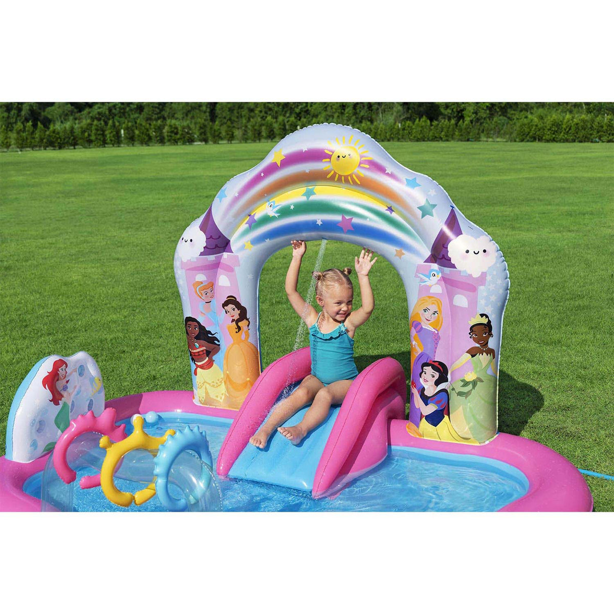 Pripučiamas žaidimų centras su čiuožykla Bestway Disney Princess, 221 × 193 × 140 cm