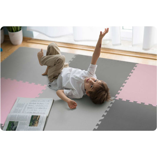 Putų dėlionės kilimėlis Ricokids, 180 × 180 cm, 9 dalys, pilkas ir rožinis