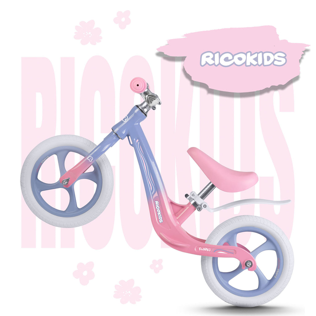 Ricokids FUNNU vaikiškas balansinis krosinis dviratis su pripučiamais ratais ir reguliuojamu aukščiu