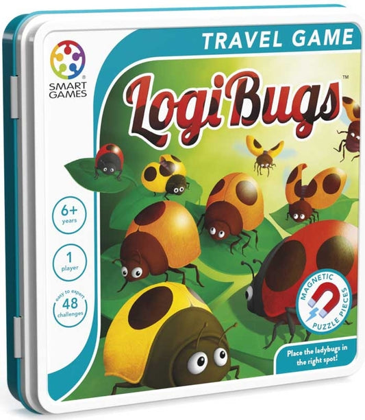 LogiBugs loginis magnetinis žaidimas vaikams nuo 6 metų kelionėms metalinėje dėžutėje su boružėlėmis ir užduotimis