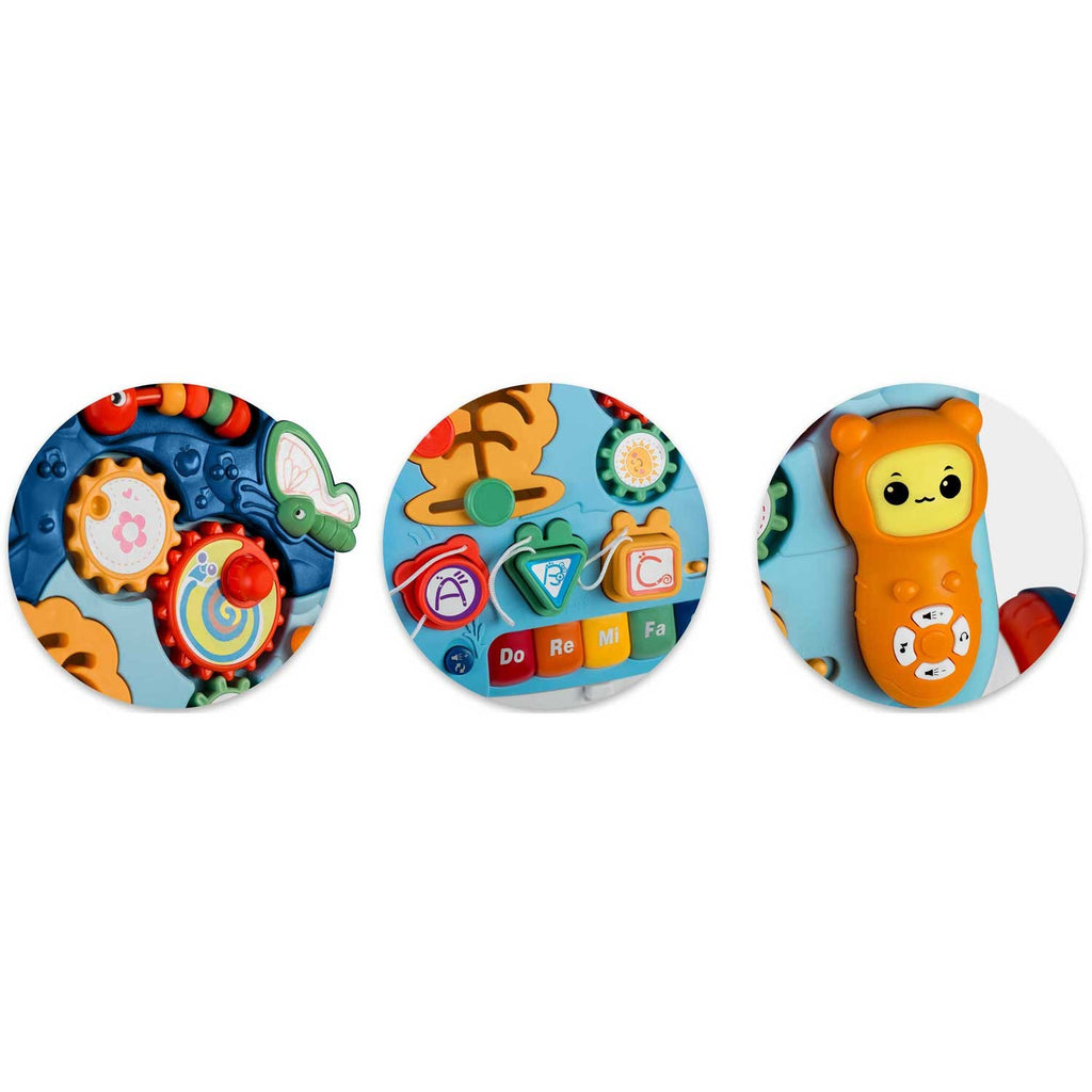Ricokids 4-in-1 mėlynas mokomasis stalas vaikams nuo 12 mėn edukacinis žaislas su šviečiančiu paneliu stumdukas paspirtukas lavinimo lenta