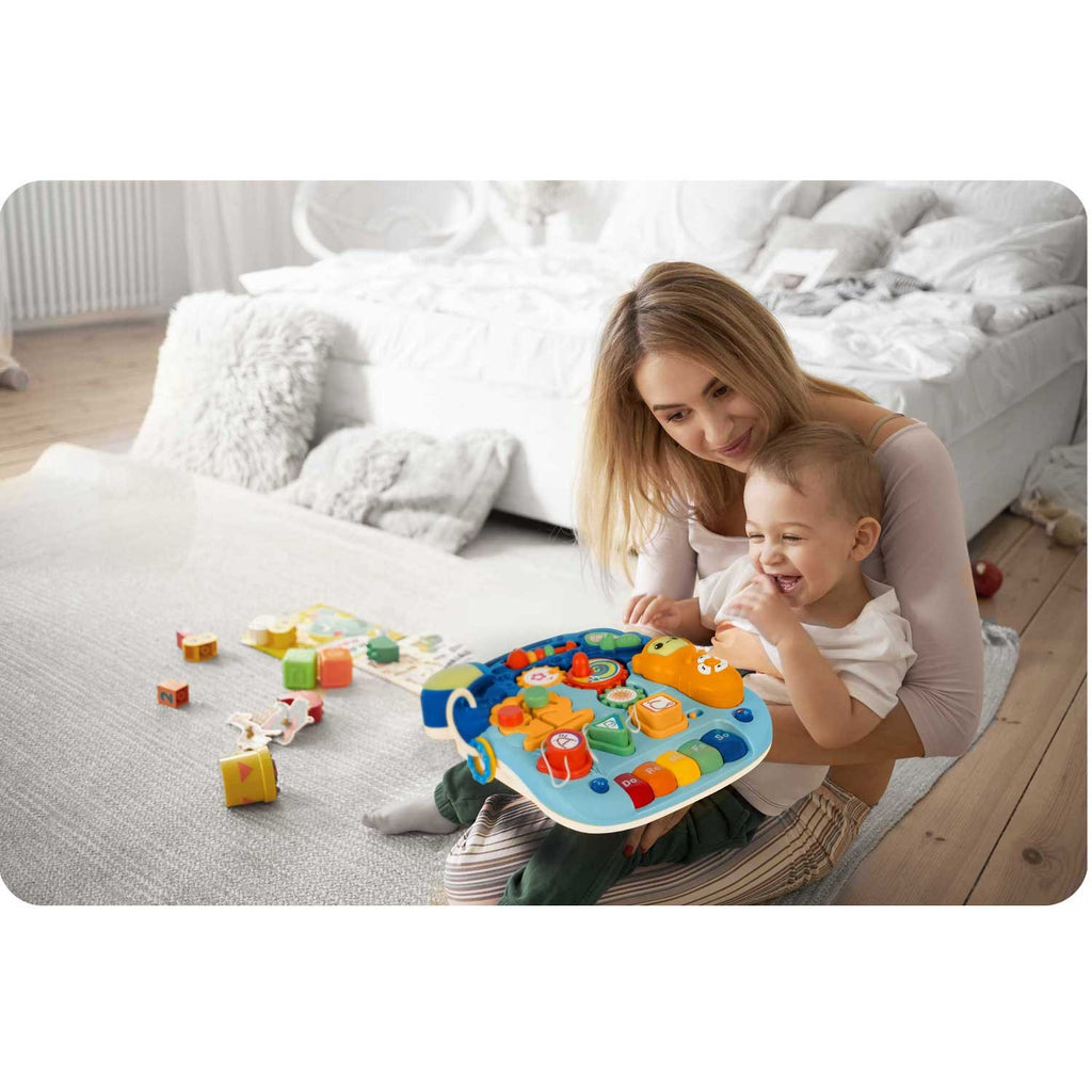 Ricokids mokomasis stalas vaikams 4-in-1 mėlynas edukacinis žaislas nuo 1 metų su interaktyvia lentele stumduku ir paspirtuku