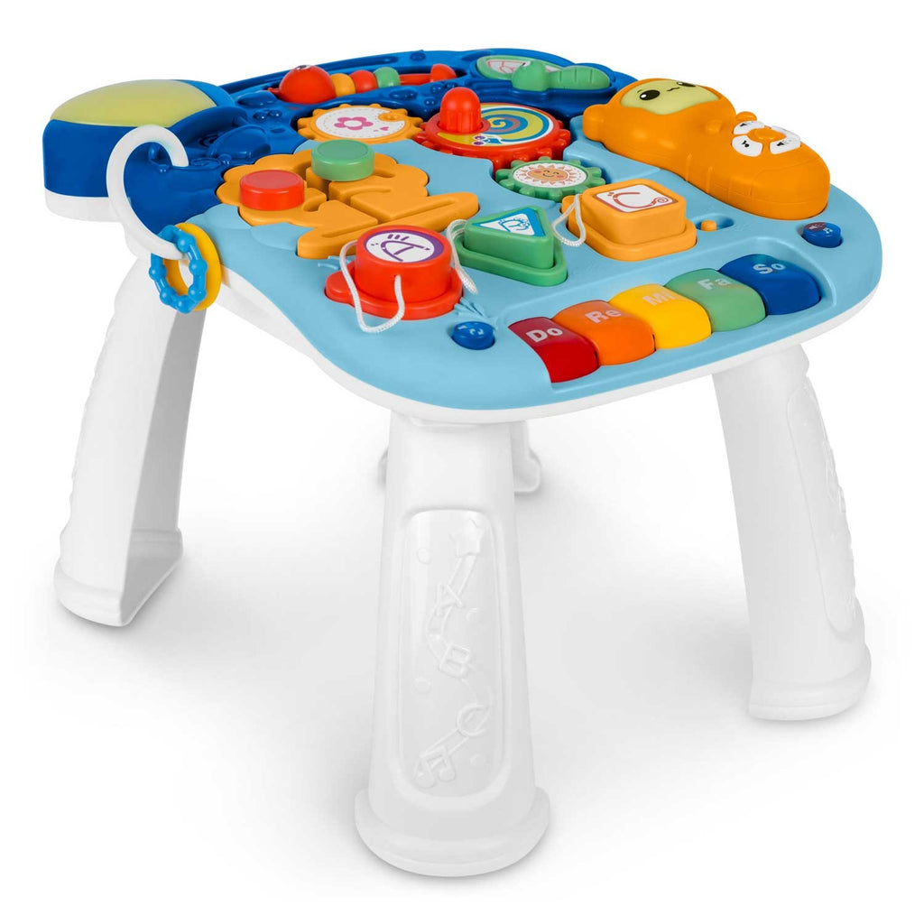 Ricokids mėlynas mokomasis stalas vaikams 5-in-1 su edukaciniu paneliu ir stumduku nuo 12 mėn