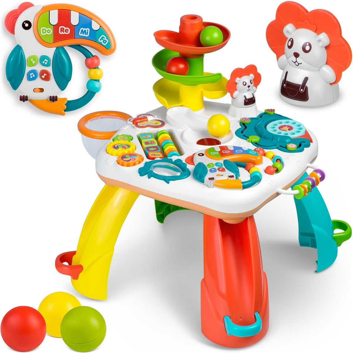 Mokomasis muzikinis stalas vaikams su pianinu kamuoliukų trasa ir edukacinėmis veiklomis nuo 12 mėn