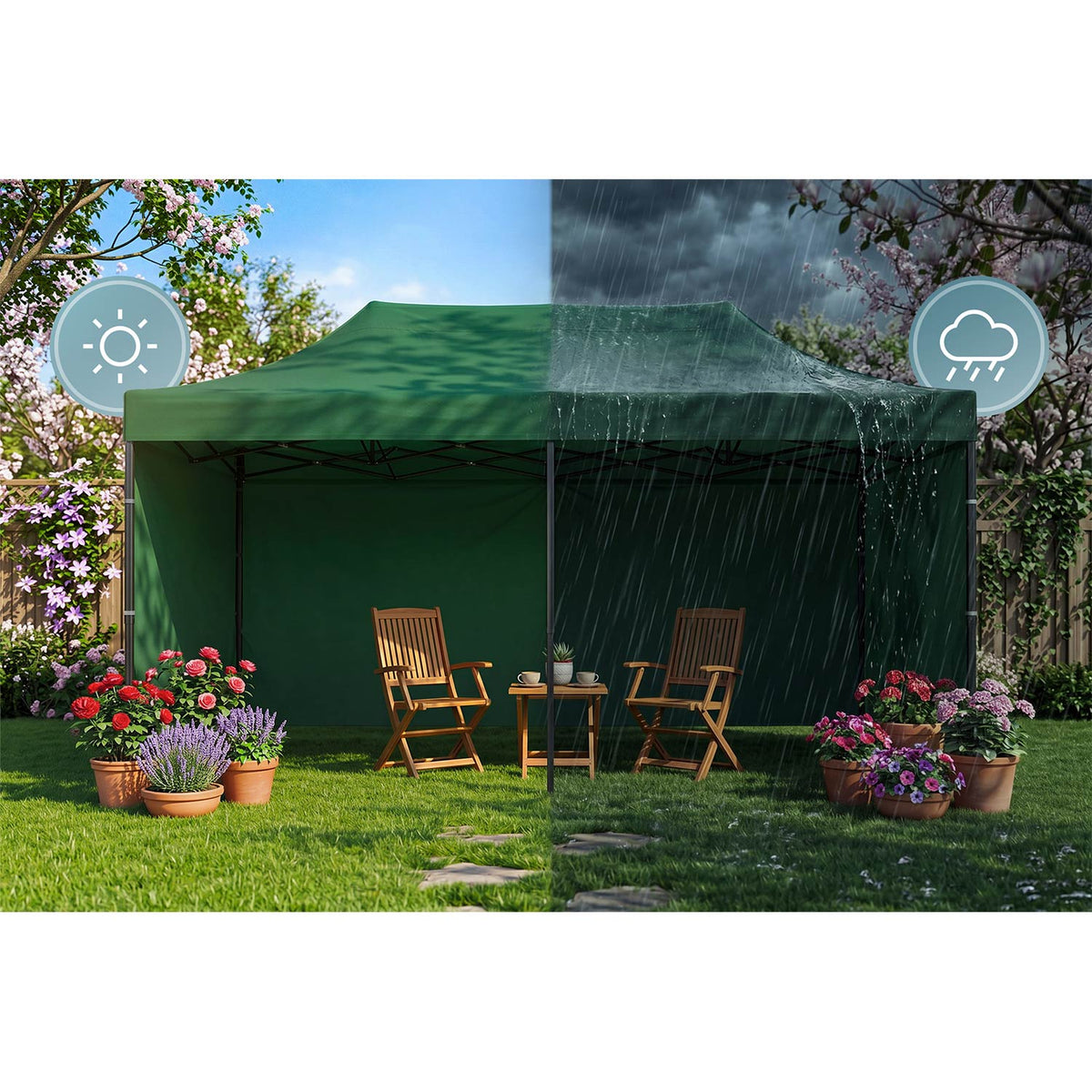 Sulankstomas sodo paviljonas Plonos, 3 × 6 m, 3 sienos, žalias