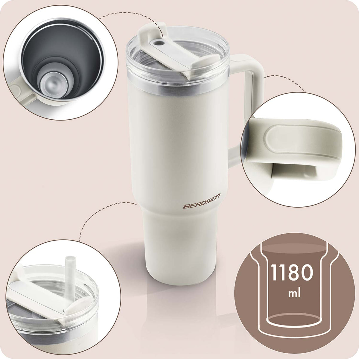 Termopuodelis su šiaudeliu Berdsen, 1180 ml, kreminis