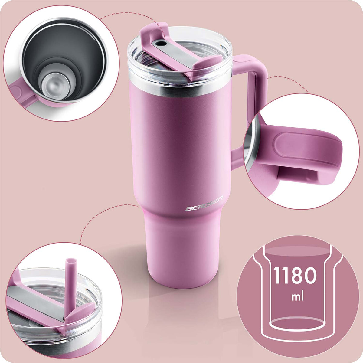 Termopuodelis su šiaudeliu Berdsen, 1180 ml, rožinis