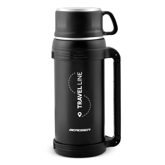 Juodas vakuuminis termosas 1500 ml su nešimo dirželiu kelionėms ir žygiams