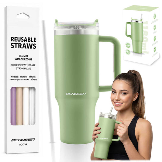 Termopuodelis su šiaudelių rinkiniu Berdsen, 1180 ml, žalias