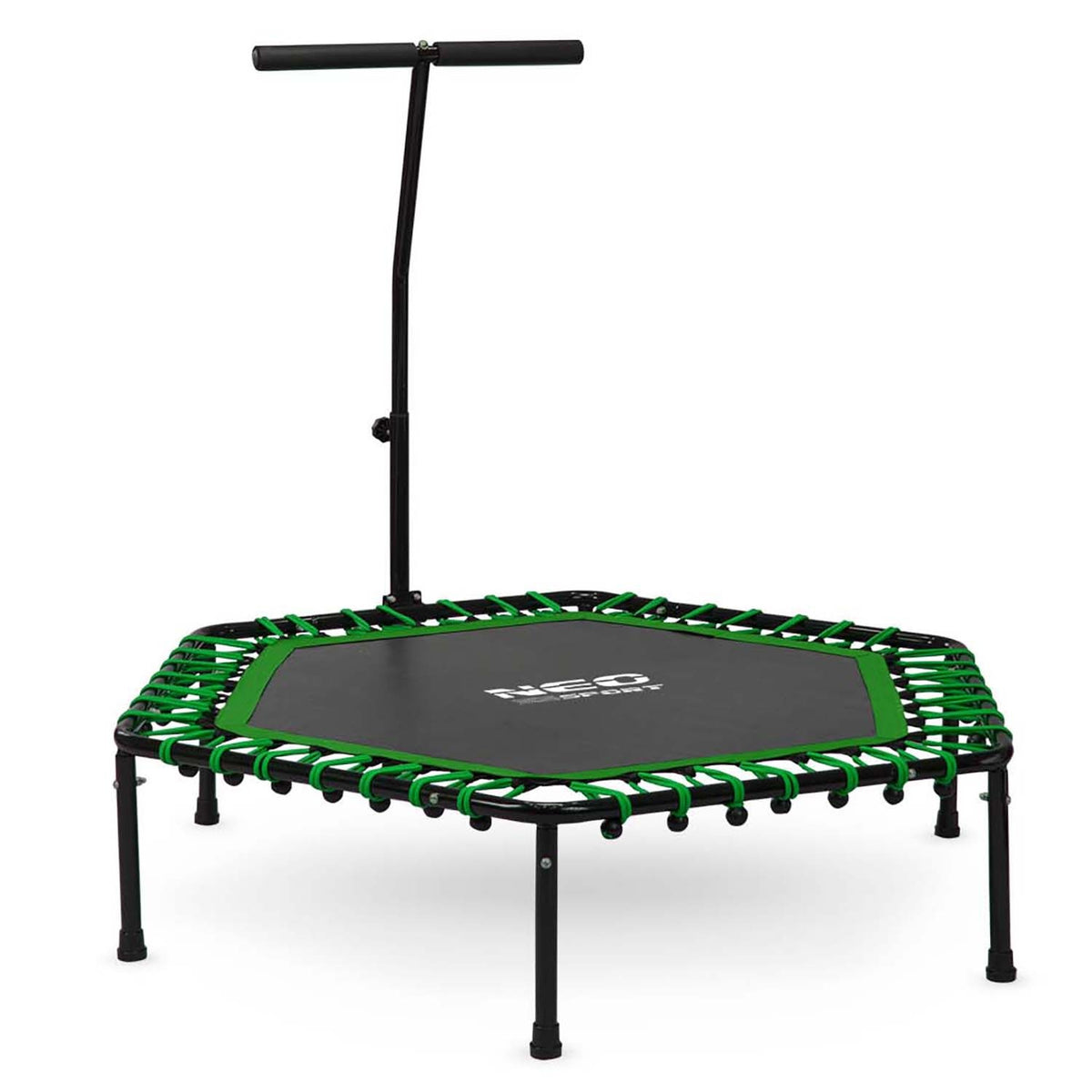 Žalias šešiakampis sporto batutas su rankena 127 cm treniruotėms namuose