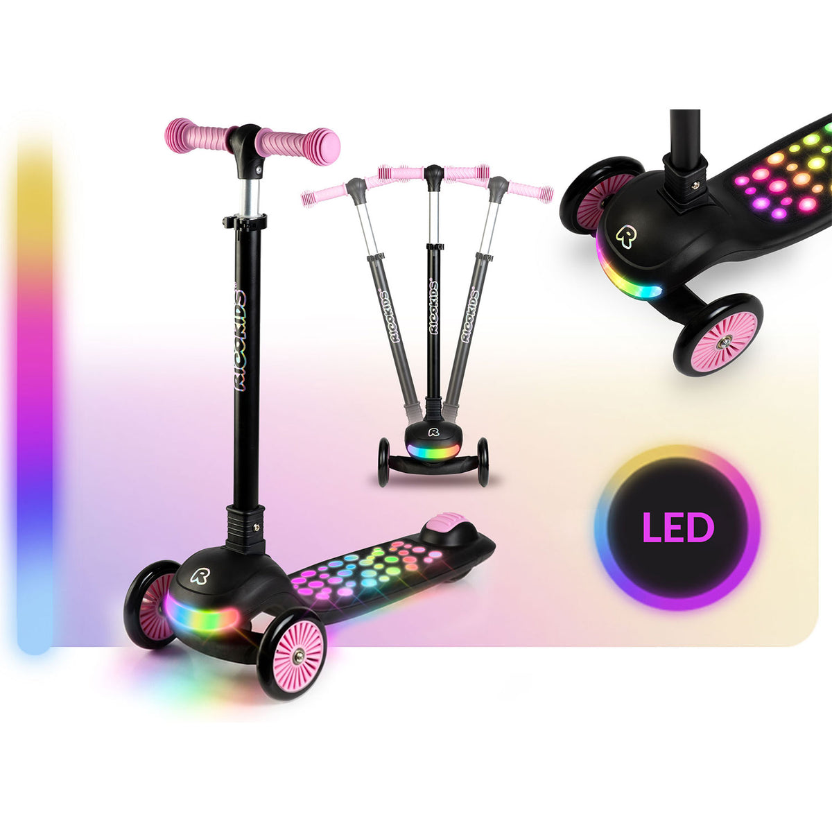 Triratis balansinis paspirtukas Ricokids Glowi su LED, juodas ir rožinis