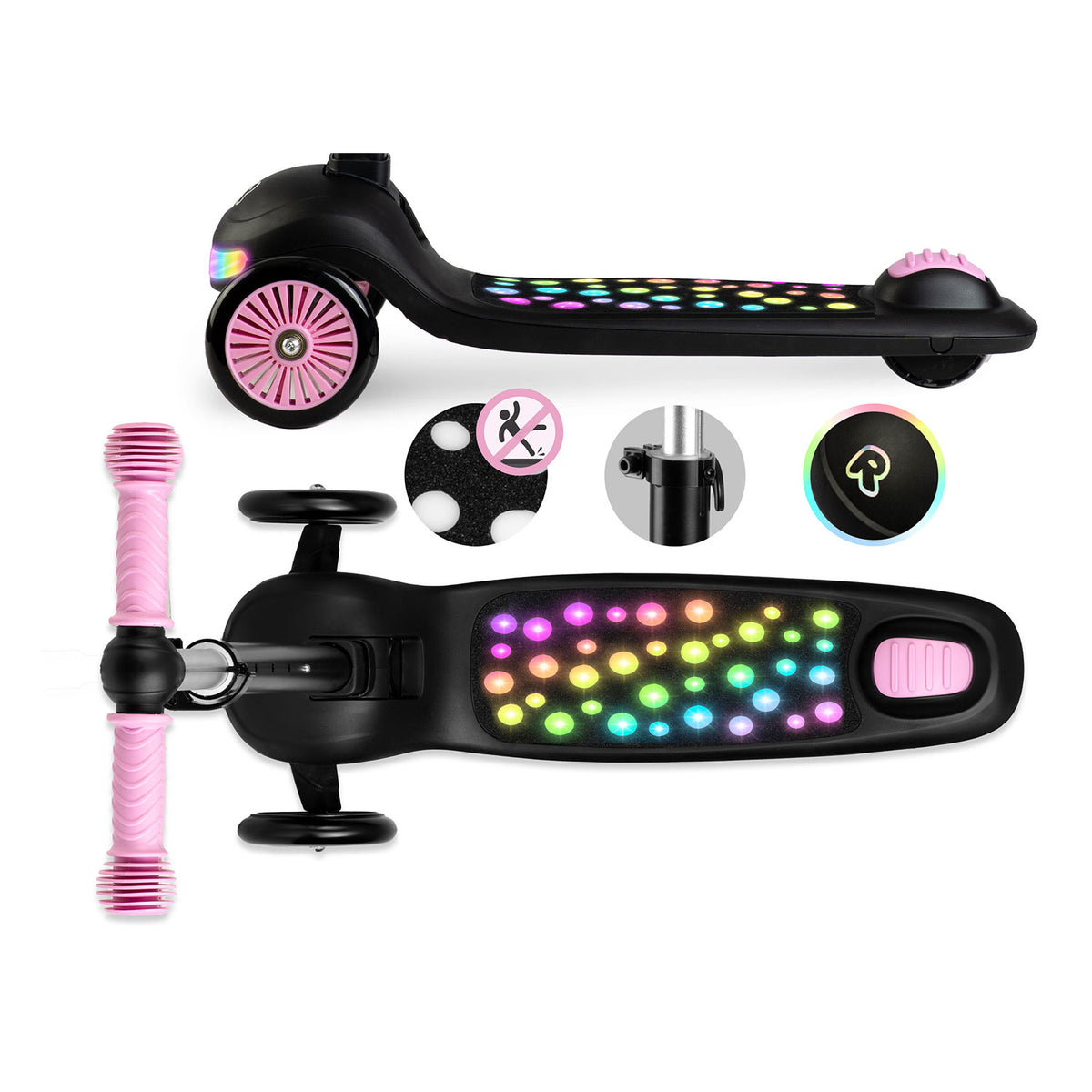 Triratis balansinis paspirtukas Ricokids Glowi su LED, juodas ir rožinis