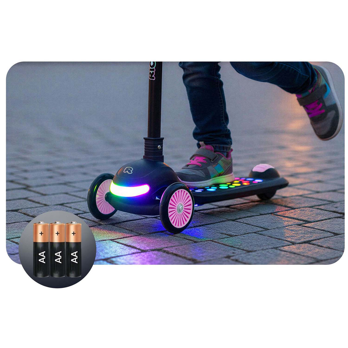 Triratis balansinis paspirtukas Ricokids Glowi su LED, juodas ir rožinis