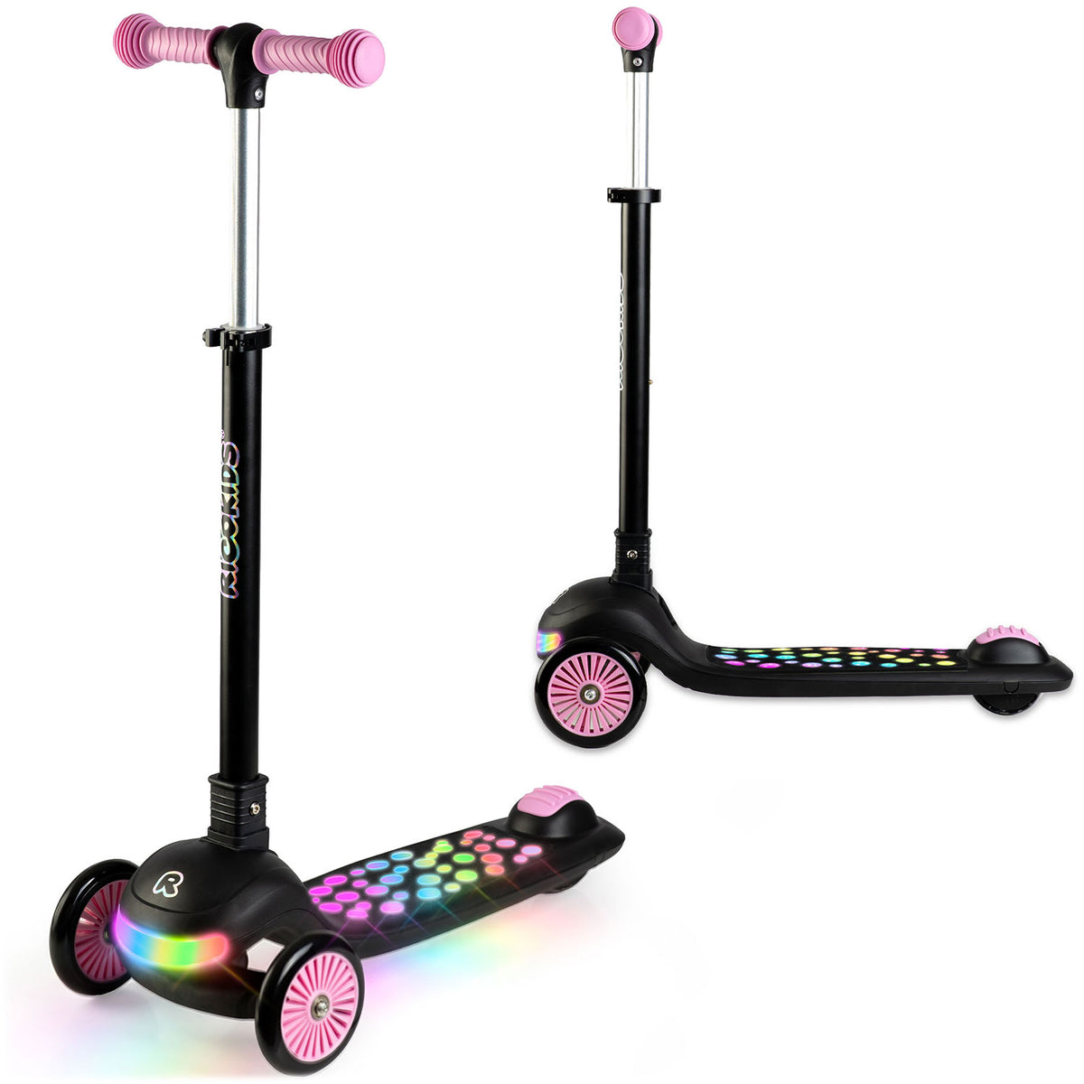 Triratis balansinis paspirtukas Ricokids Glowi su LED, juodas ir rožinis