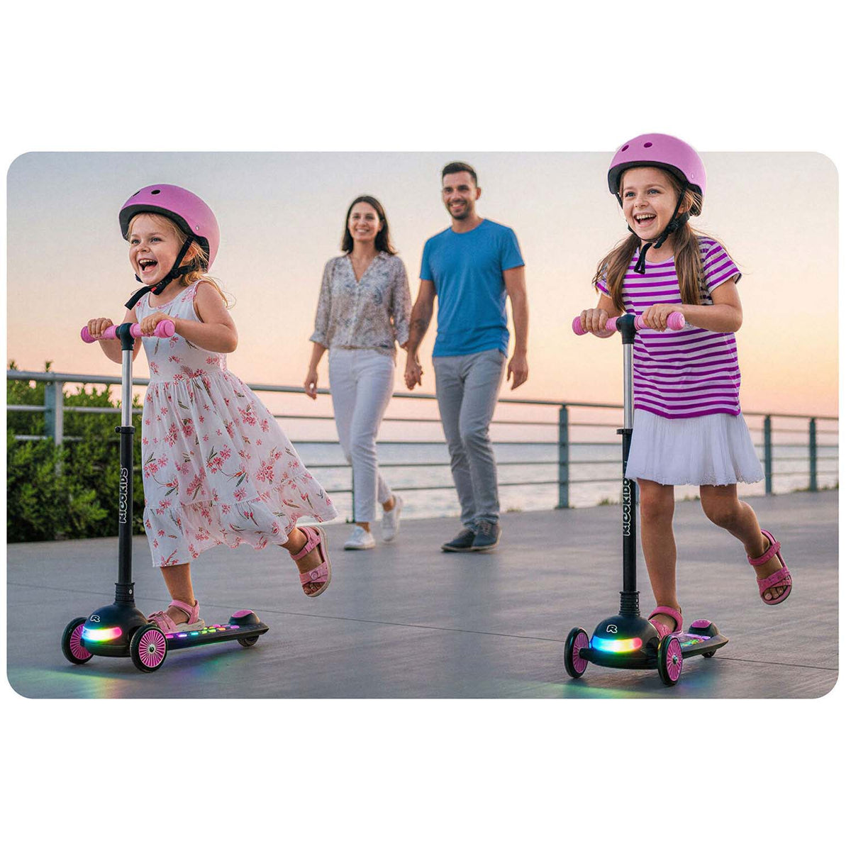 Triratis balansinis paspirtukas Ricokids Glowi su LED, juodas ir rožinis