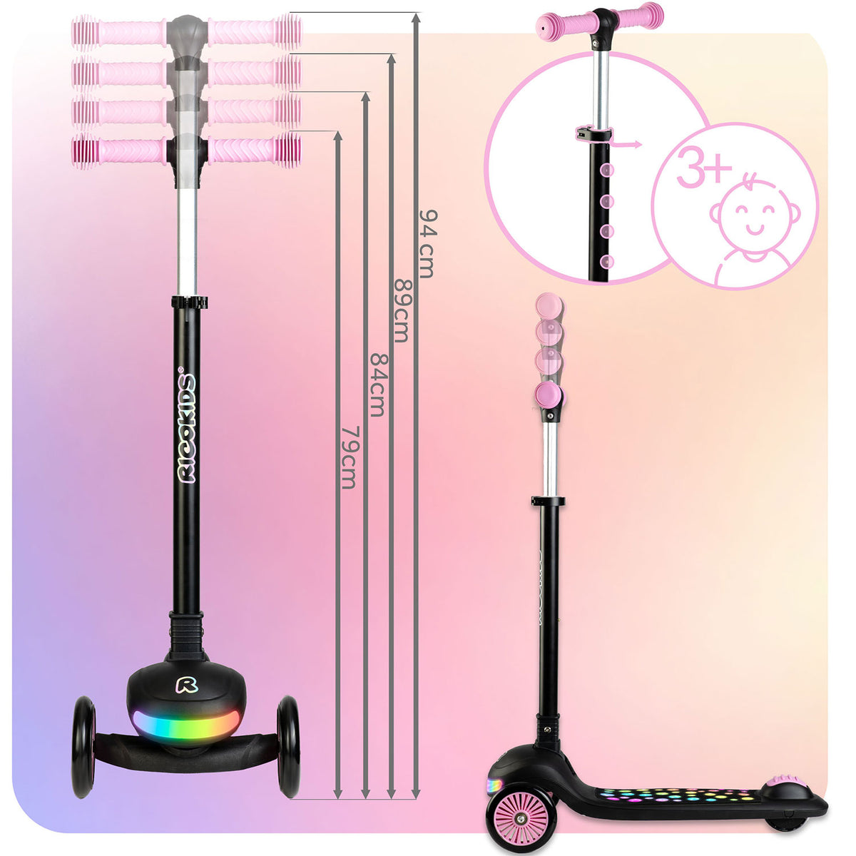 Triratis balansinis paspirtukas Ricokids Glowi su LED, juodas ir rožinis