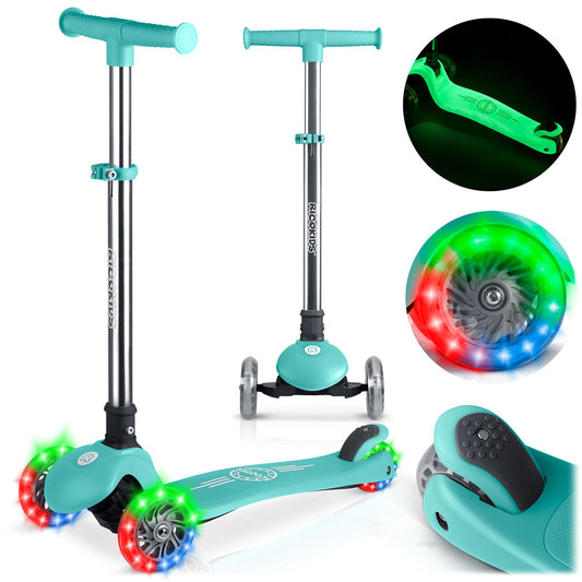 Triratis paspirtukas Ricokids Glow su sėdyne ir stūmimo rankena, turkio spalvos