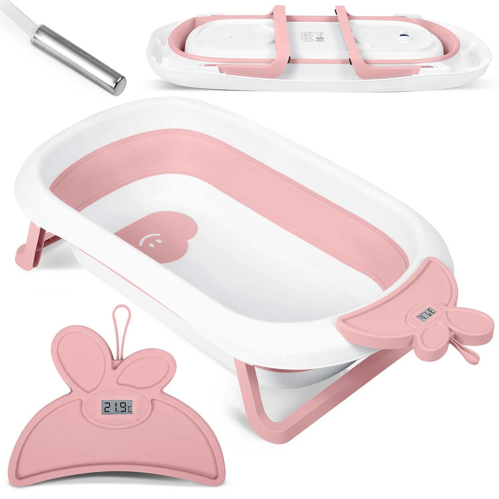 Kūdikių vonelė su LCD termometru balta ir rožinė Ricokids RK-282 sulankstoma saugi nuo 0 iki 6 metų
