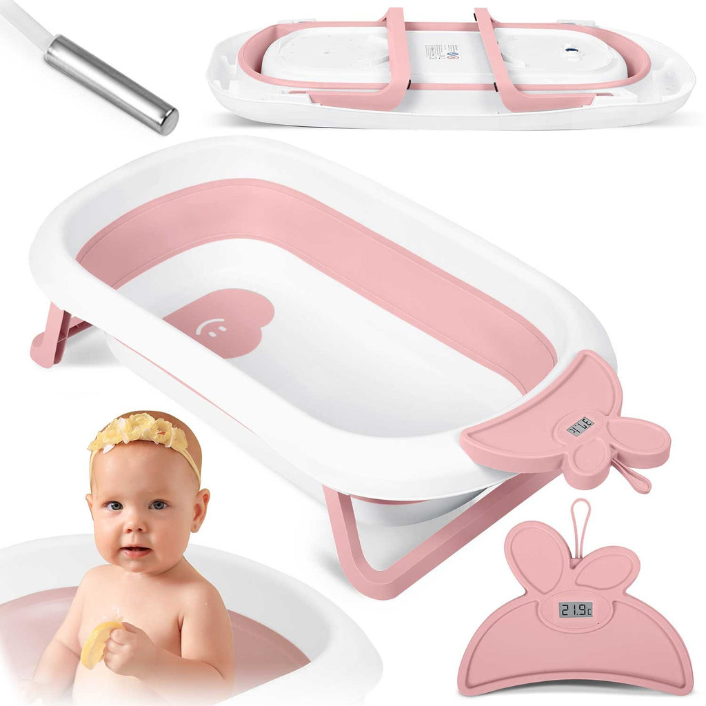 Kūdikių sulankstoma vonelė su termometru Ricokids RK-282 balta rožinė nuo gimimo iki 6 metų