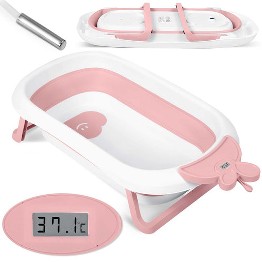 Kūdikių sulankstoma vonelė su LCD termometru balta ir rožinė Ricokids