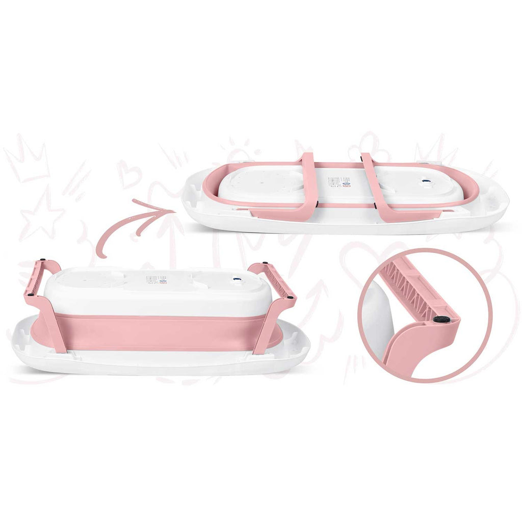 Baltai rožinė kūdikių vonelė su LCD termometru Ricokids RK-282 sulankstoma nuo gimimo iki 6 metų