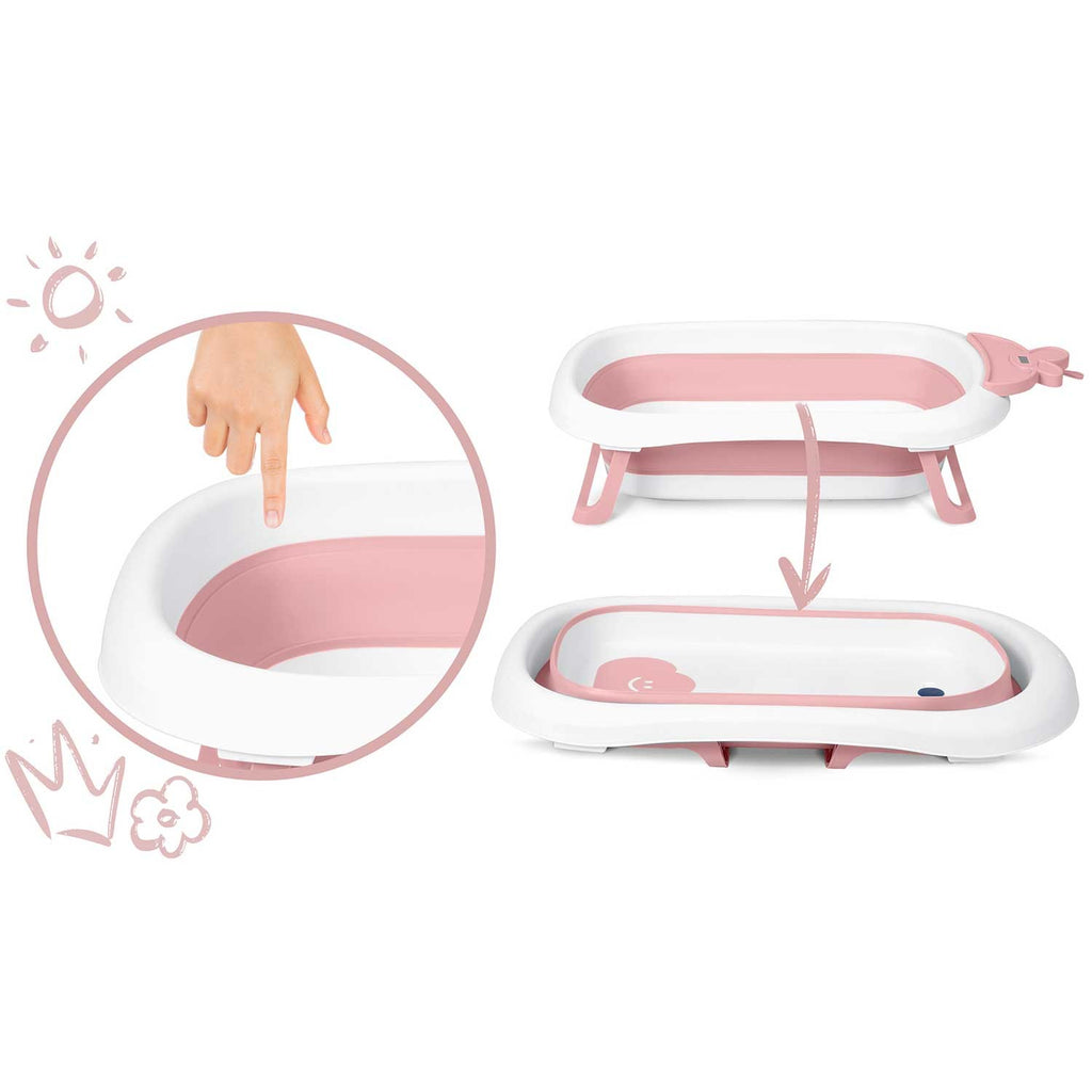 Kūdikių sulankstoma vonelė su termometru Ricokids RK-282 balta ir rožinė stabilios kojelės LCD ekranas nuo 0 iki 6 metų